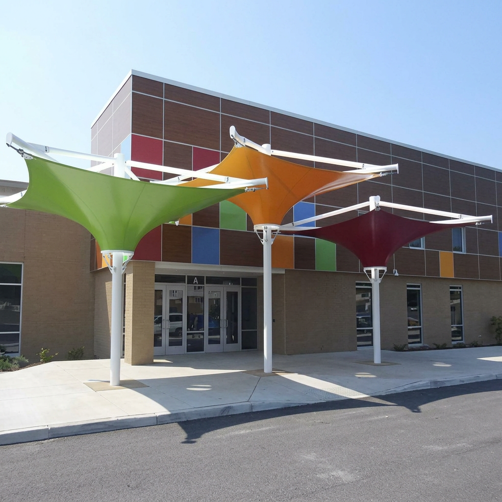 Three colourful 4x4m umbrella shade sails over a building entrance