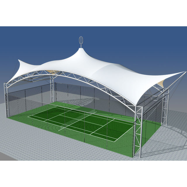 Engineering render of a steel truss and membrane tennis court roof cover