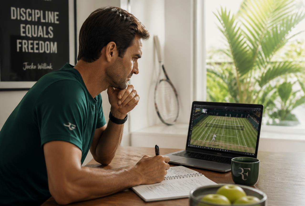 Tennis player reviewing match footage on a laptop for online coaching analysis